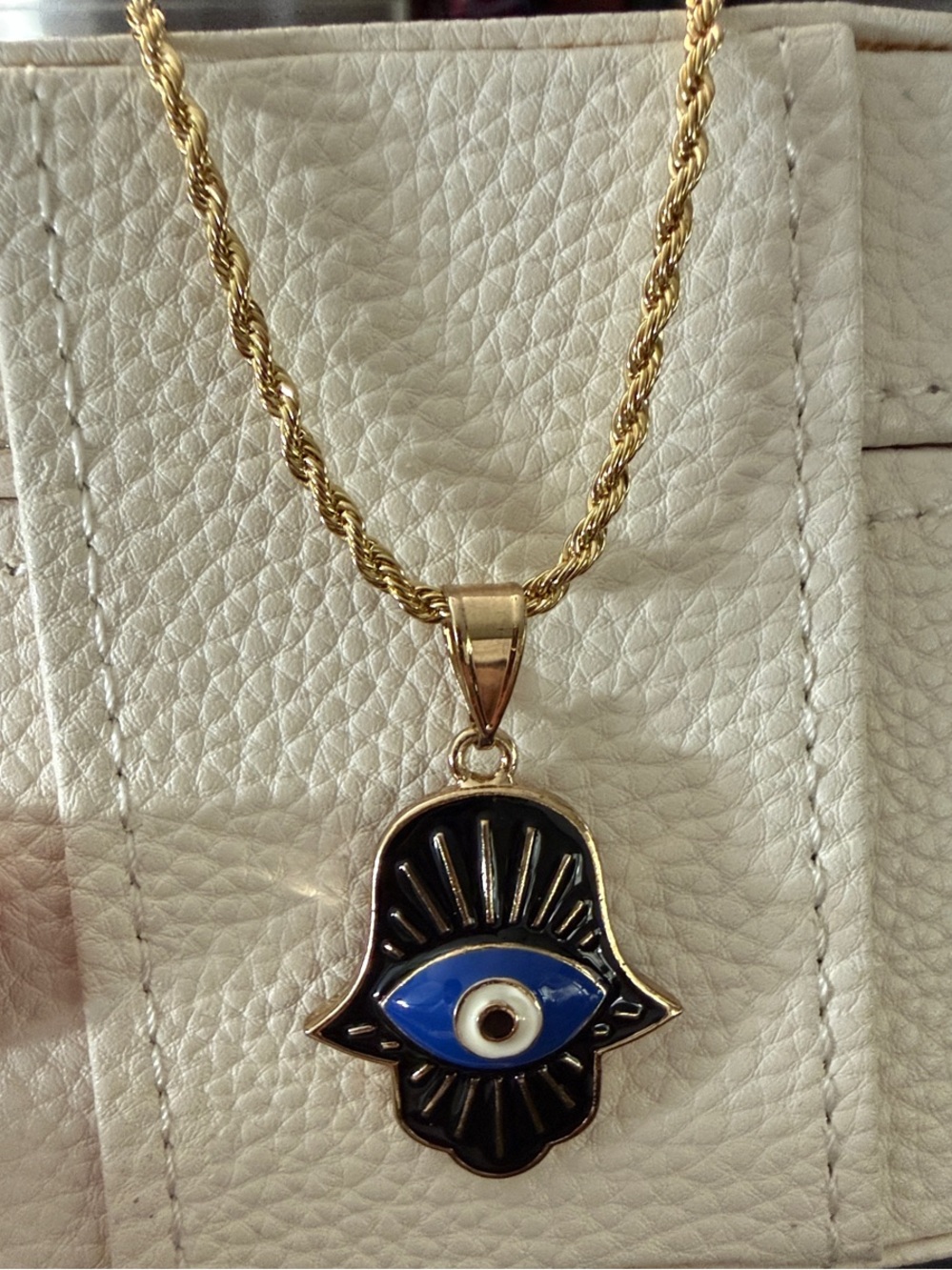 18K GF Hamsa Evil Eye Pendant Necklace with Rope Chain - 20”